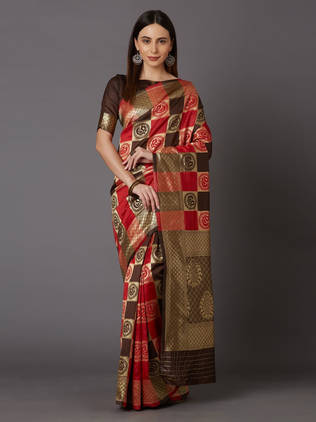 

Mitera Red & Gold-Toned Silk Blend Woven Design Kanjeevaram Saree