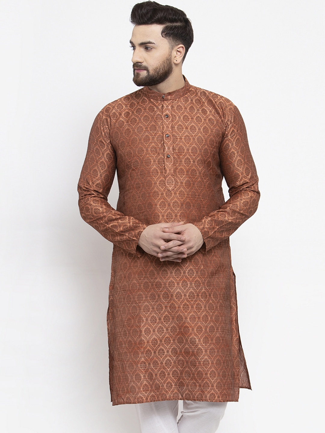 Jompers Men Orange Woven Design Straight Kurta