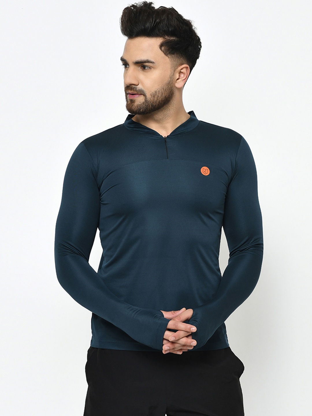 

Rigo Active wear Black Zip Neck Henley Thumbhole Full Sleeve T-shirt, Blue