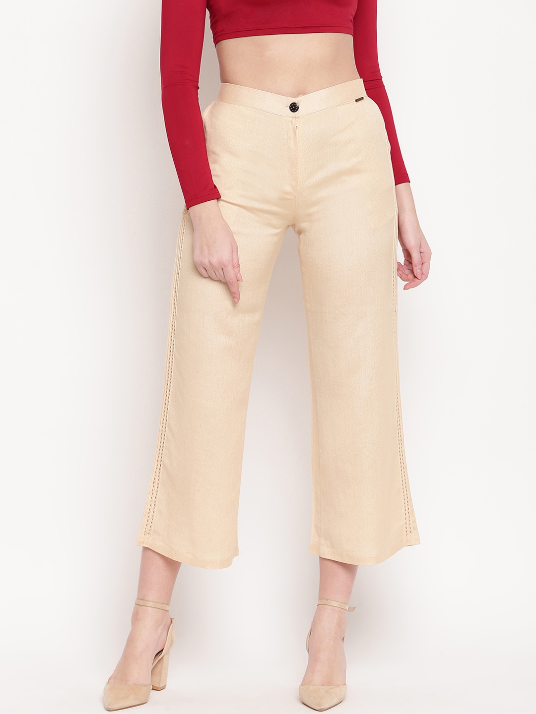 

Kvsfab Women Cream-Coloured Regular Fit Solid Culottes