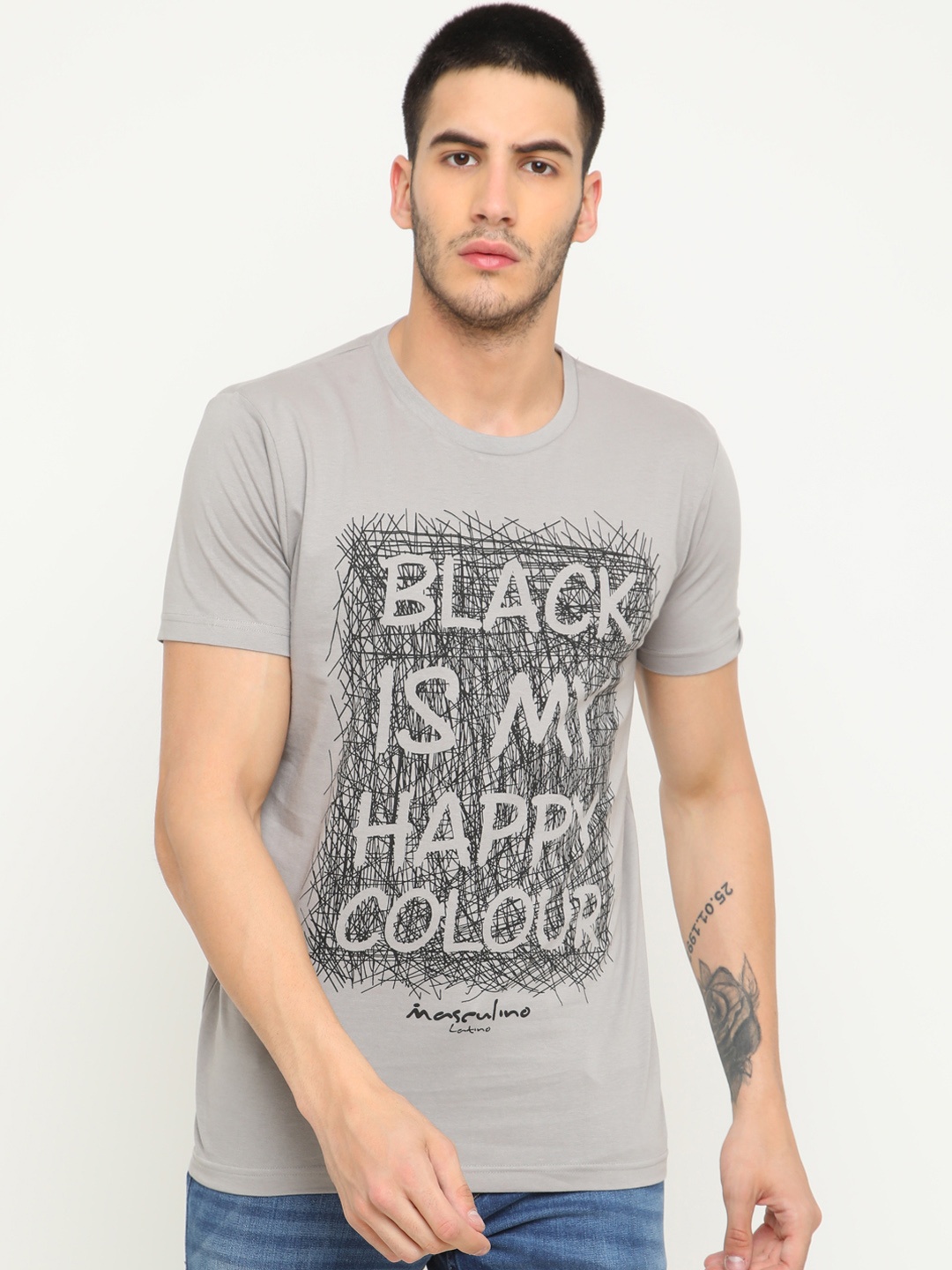 

Masculino Latino Men Grey Printed Round Neck Pure Cotton T-shirt
