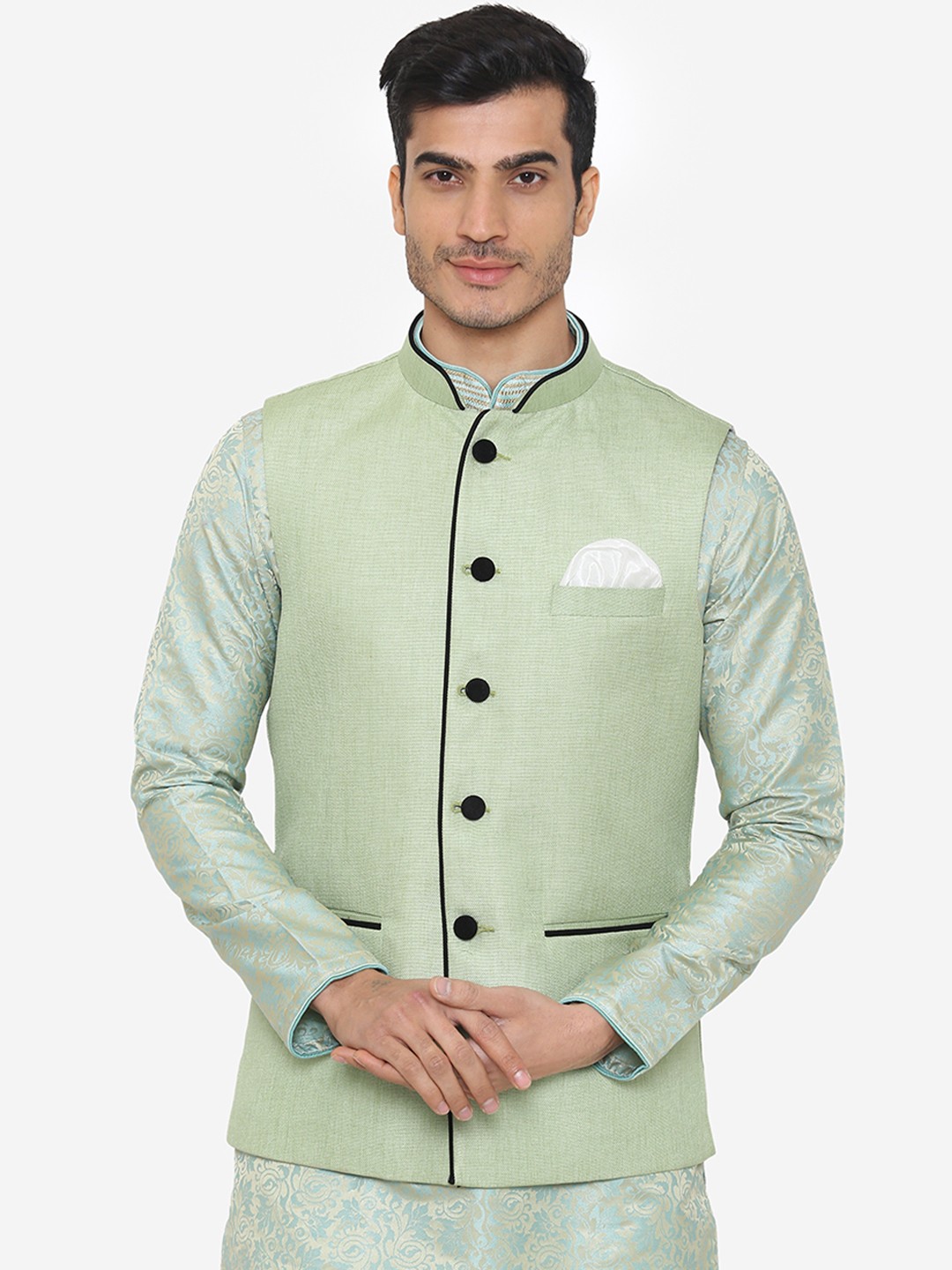 

Wintage Men Green Solid Satin Nehru Jacket
