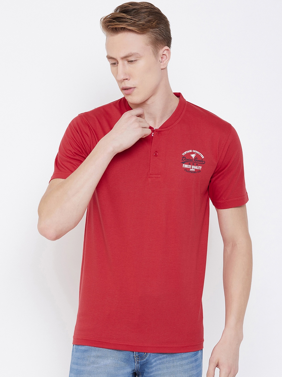 

NEVA Men Red Solid Mandarin Collar T-shirt