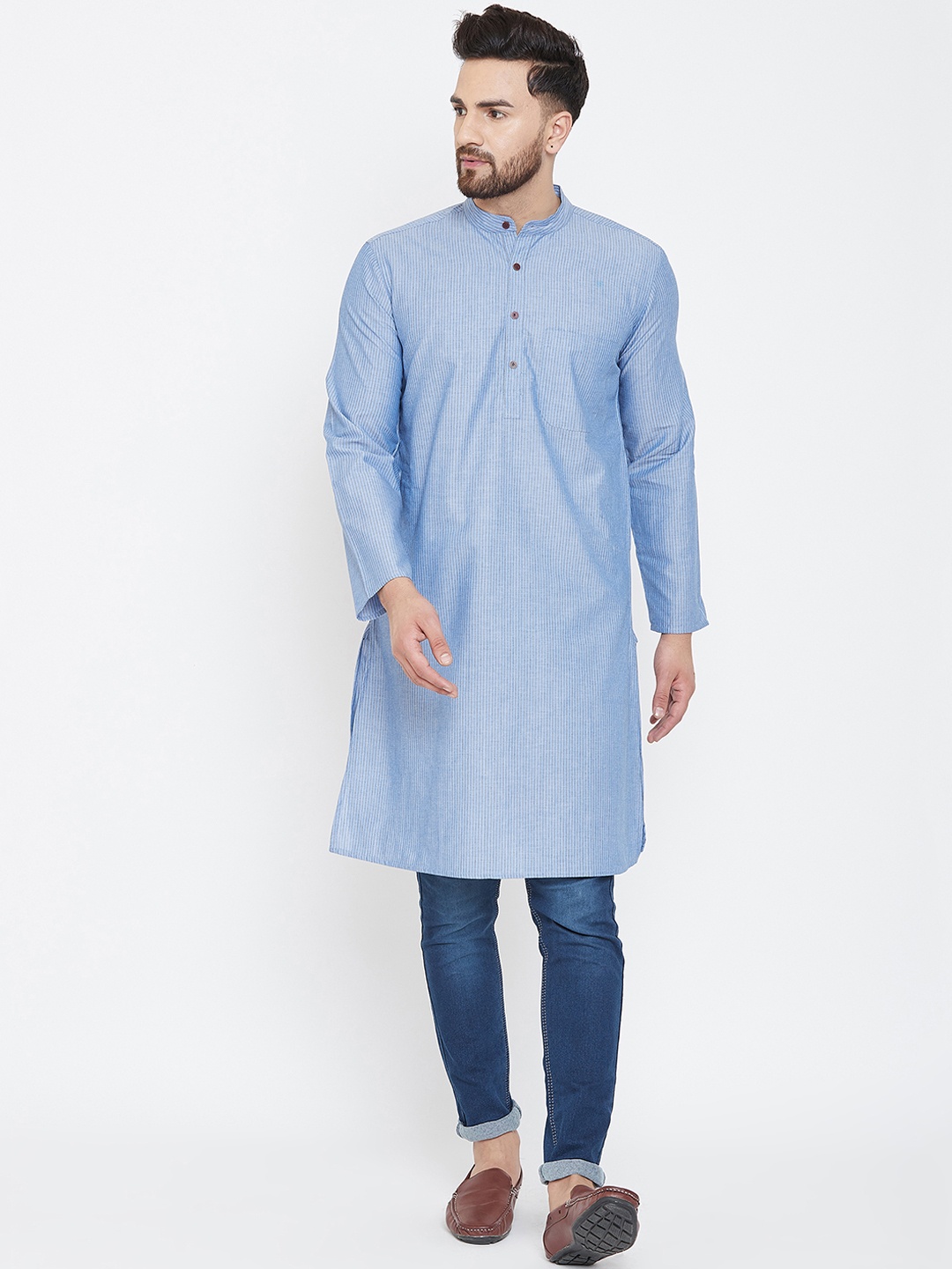 

even Men Blue Striped Straight Kurta