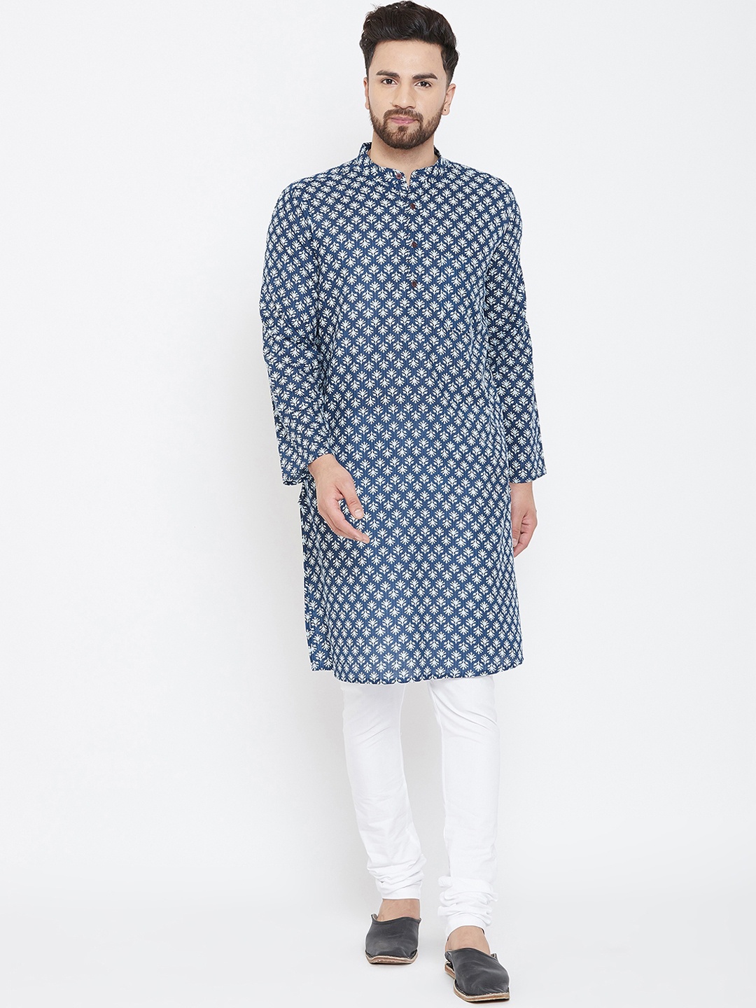 

even Men Blue & White Printed Straight Kurta