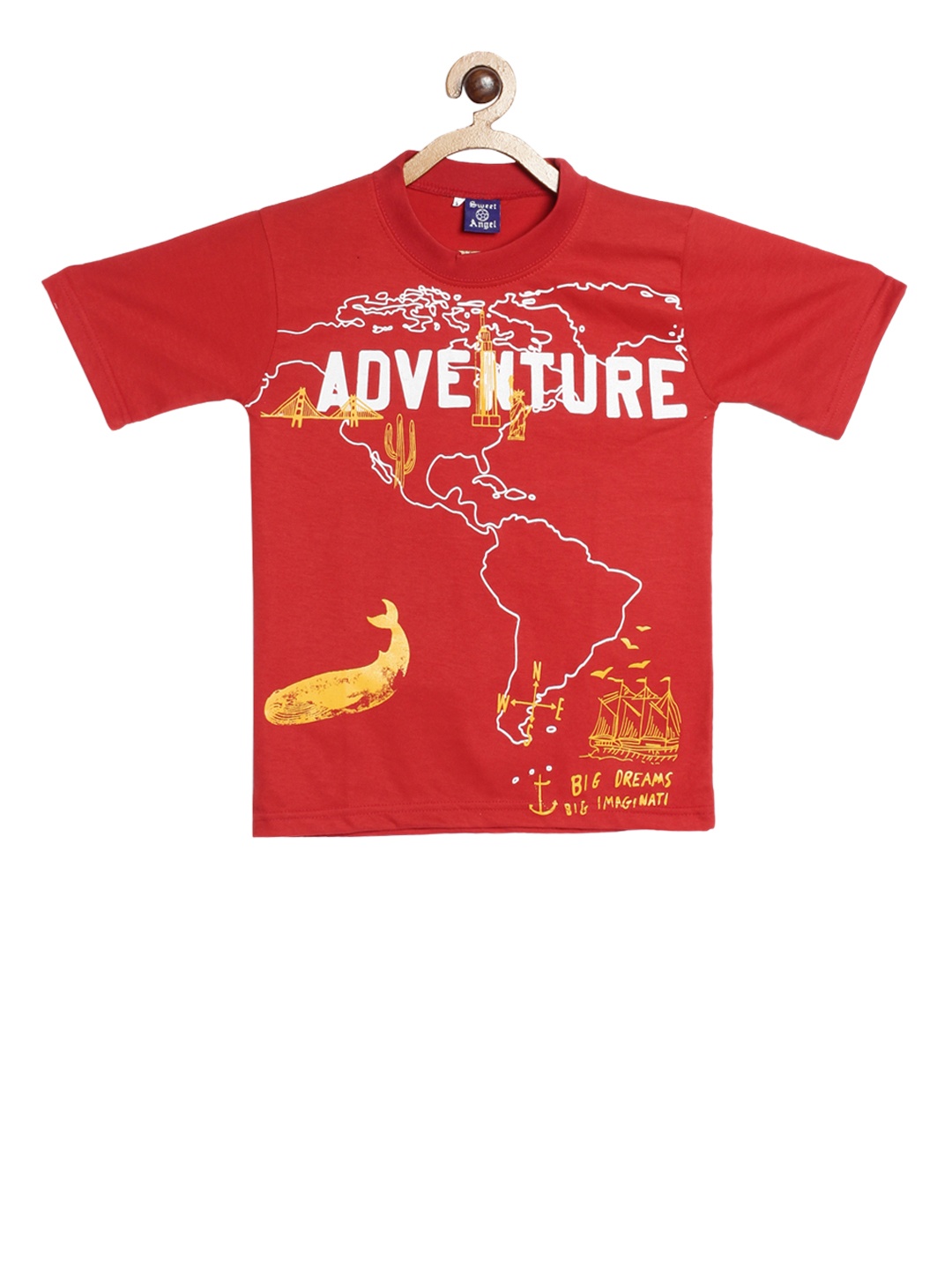

SWEET ANGEL Boys Red Printed Round Neck Pure Cotton T-shirt