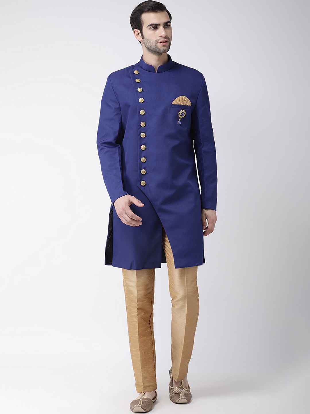 

SG RAJASAHAB Men Navy Blue & Beige Solid Sherwani Set
