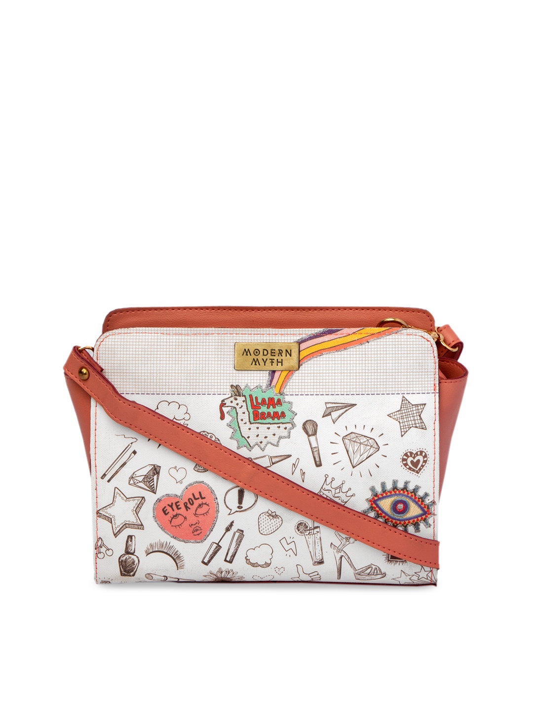 

MODERN MYTH Peach-Coloured & White Printed Sling Bag