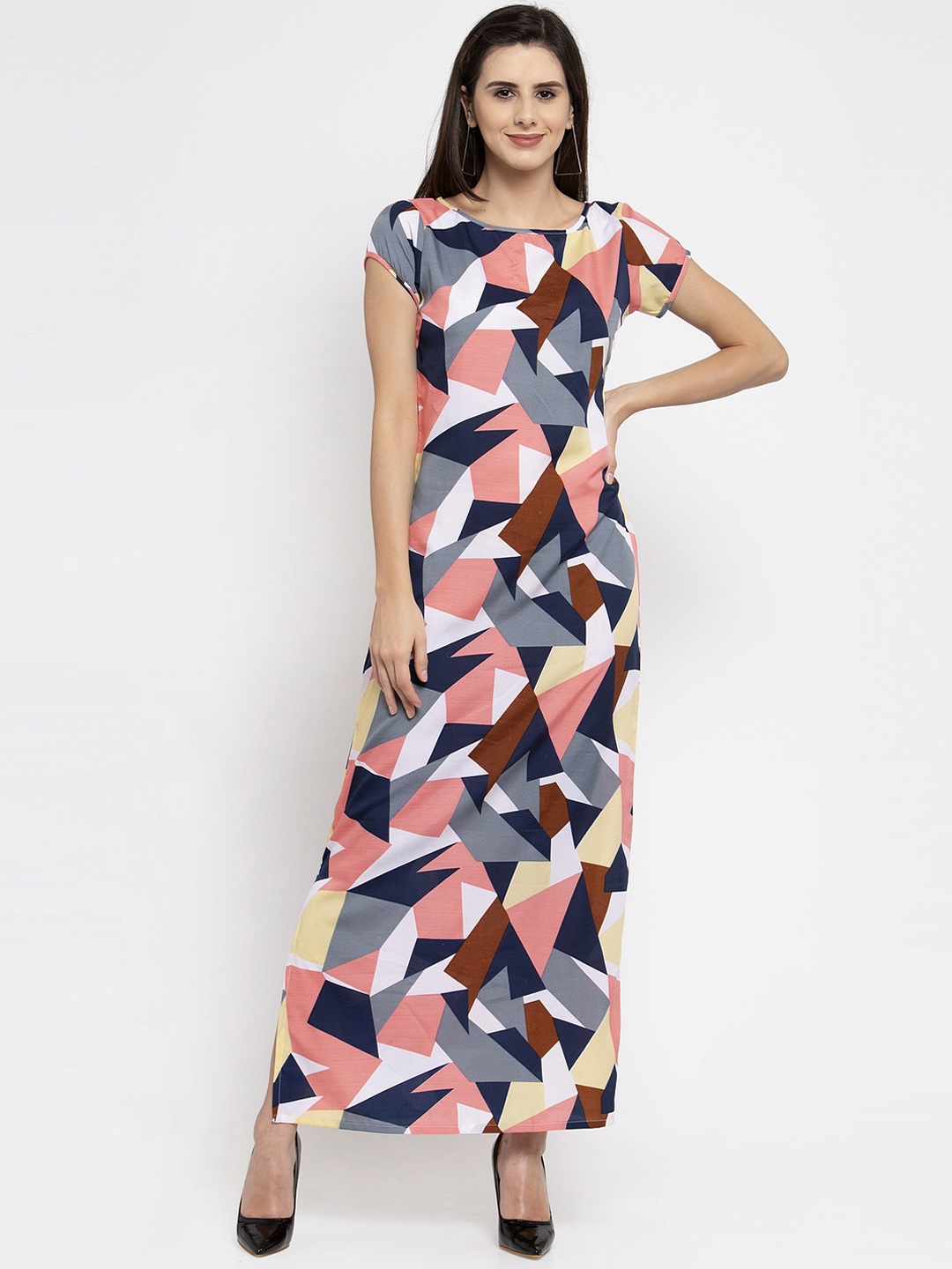 

Karmic Vision Women Pink & Navy Blue Printed Maxi Dress