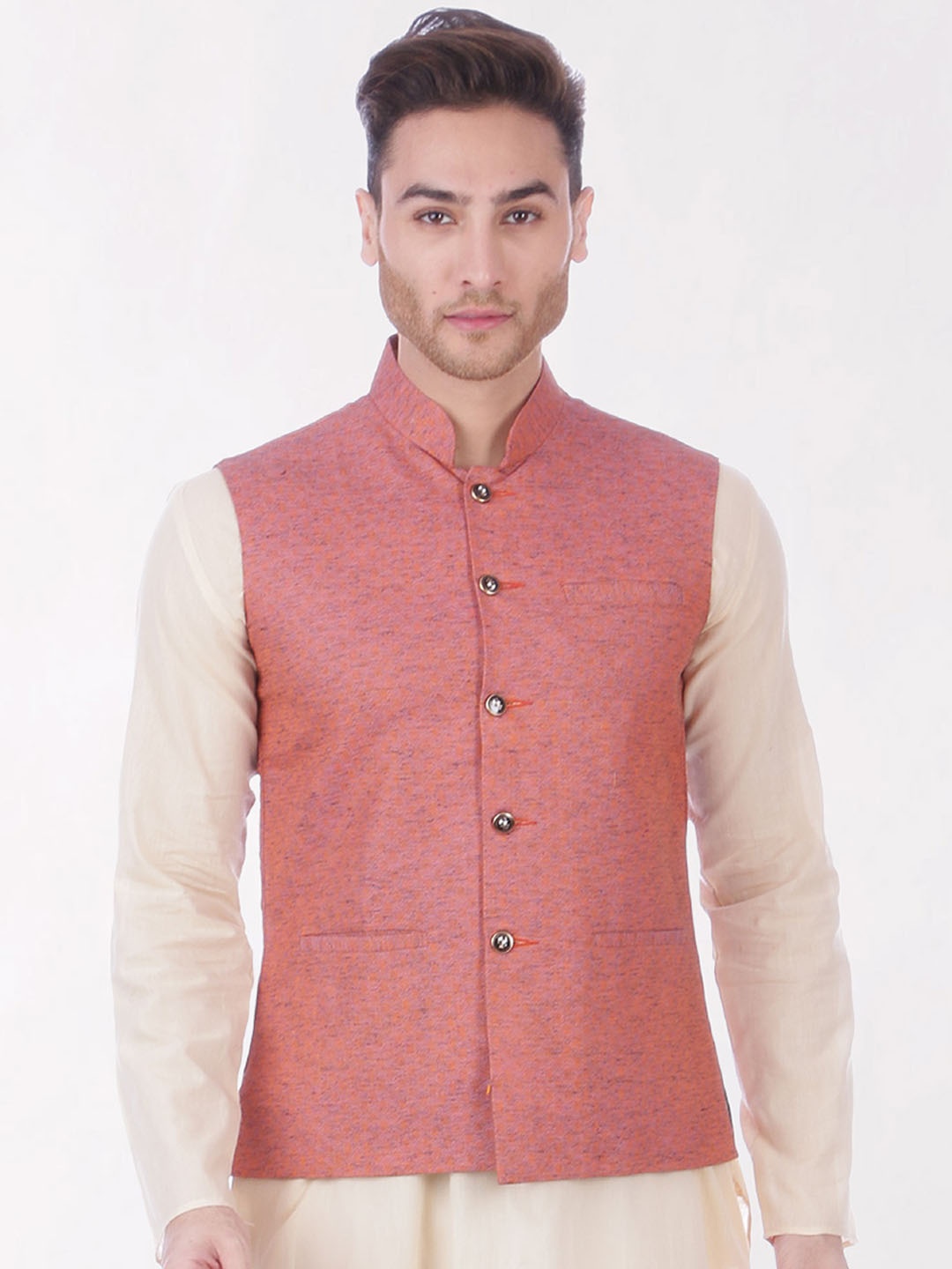 RAJUBHAI HARGOVINDAS Men Pink Solid Slim-Fit Nehru Jacket