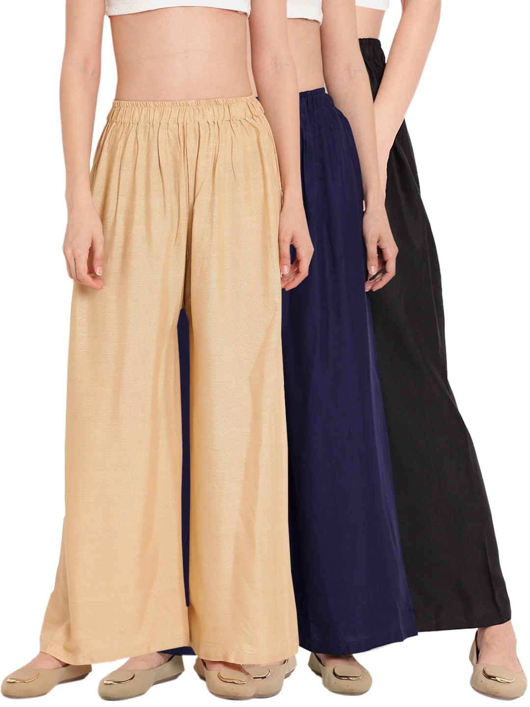 

TAG 7 Women Pack of 3 Solid Wide Leg Palazzos, Black