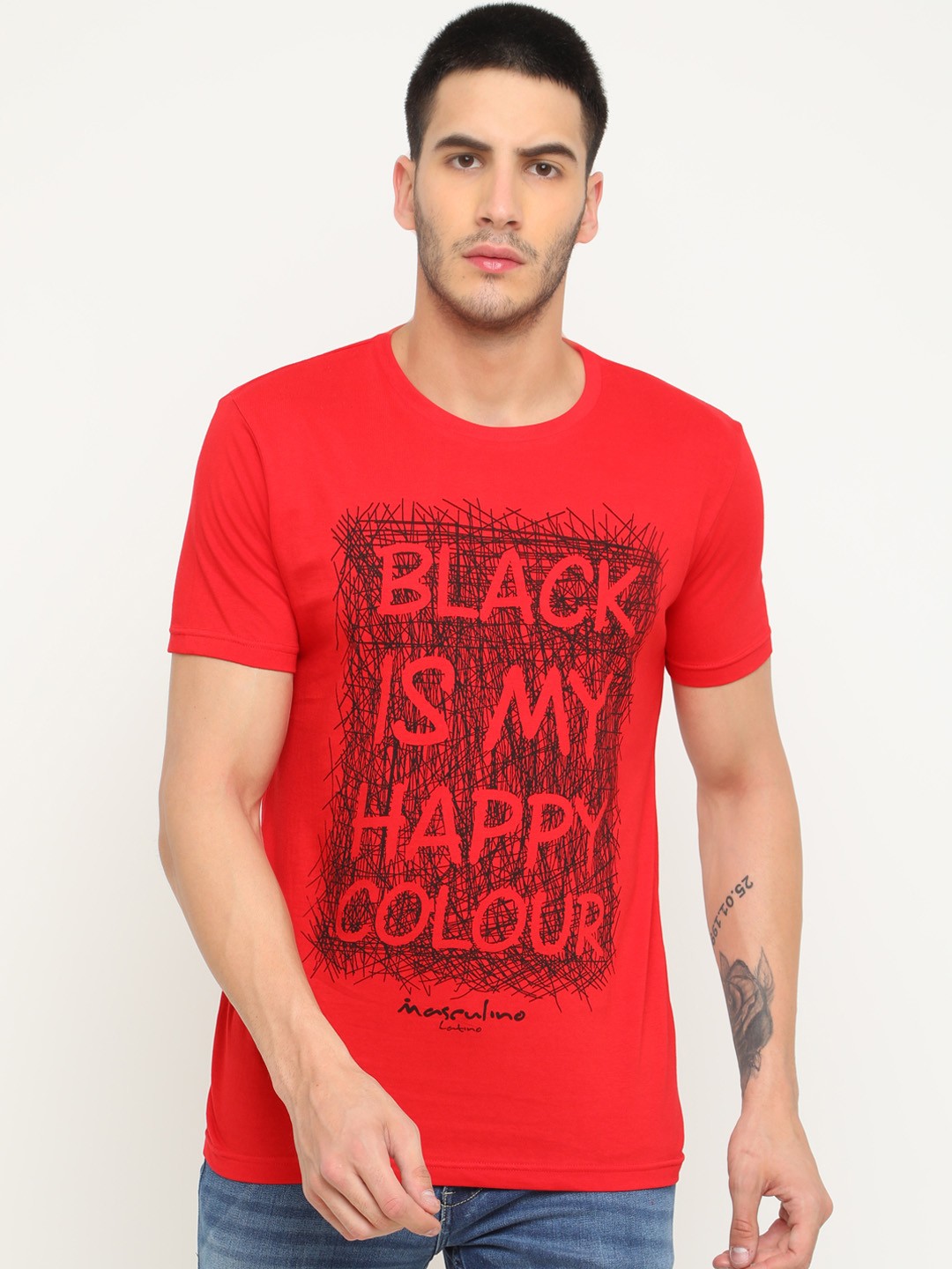 

Masculino Latino Men Red Printed Round Neck Pure Cotton T-shirt