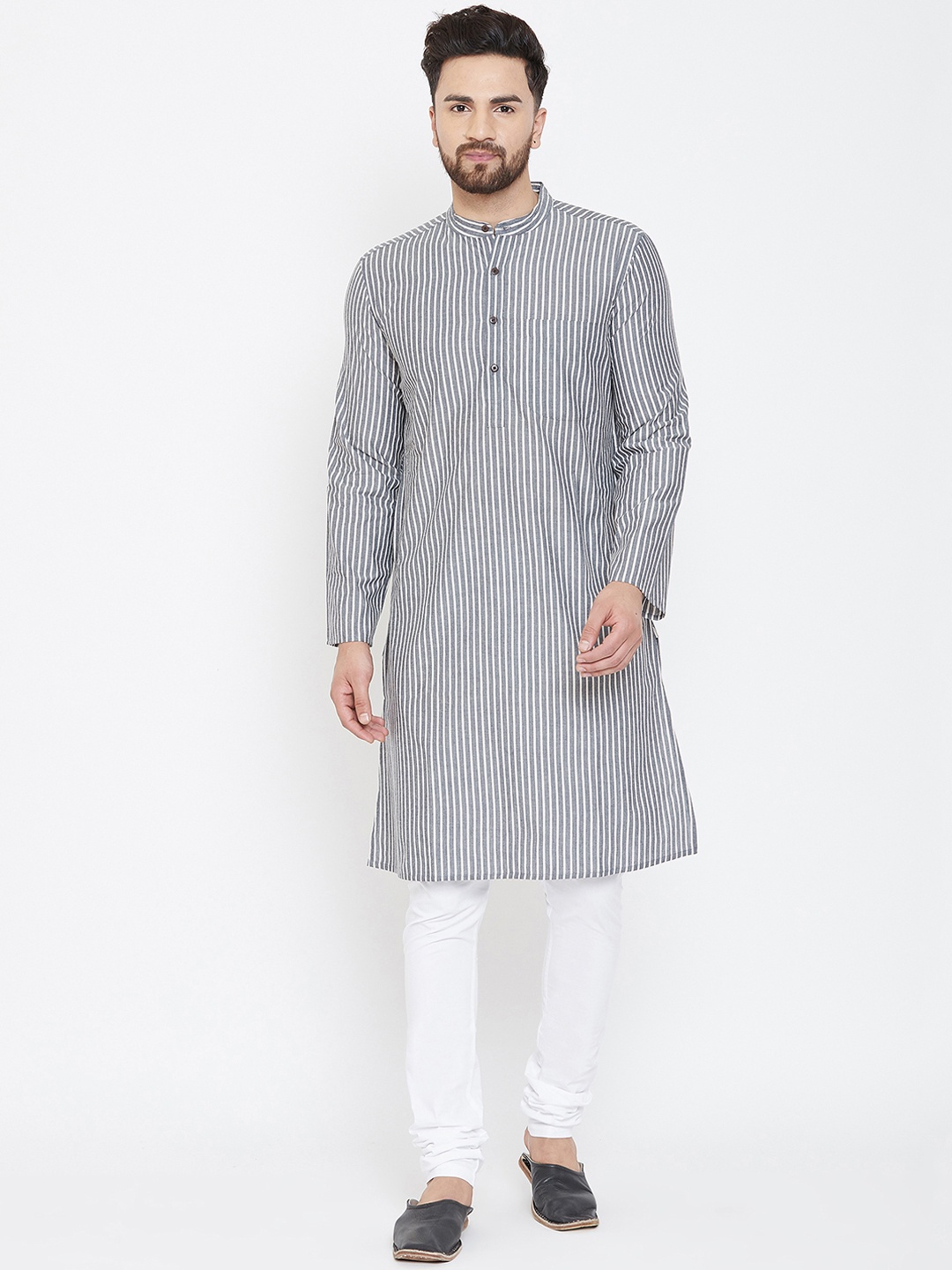 

even Men Grey & White Striped Straight Kurta