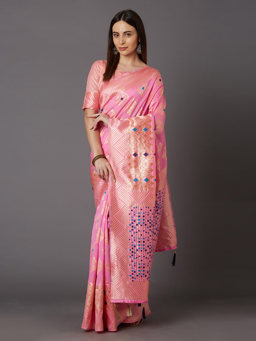

Mitera Pink & Gold-Toned Silk Blend Woven Design Kanjeevaram Saree