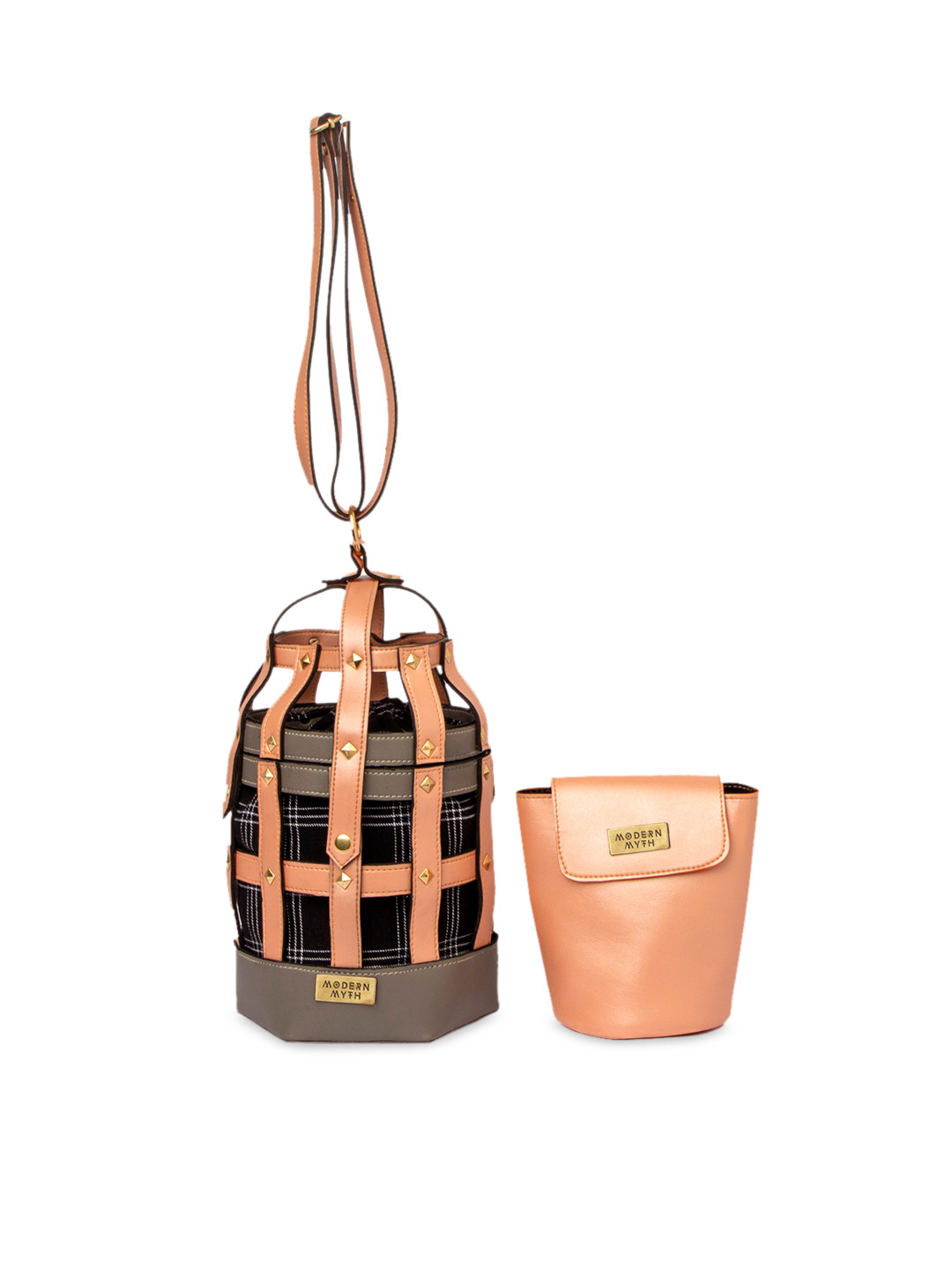 

MODERN MYTH Peach-Coloured & Grey Colourblocked Handheld Bag