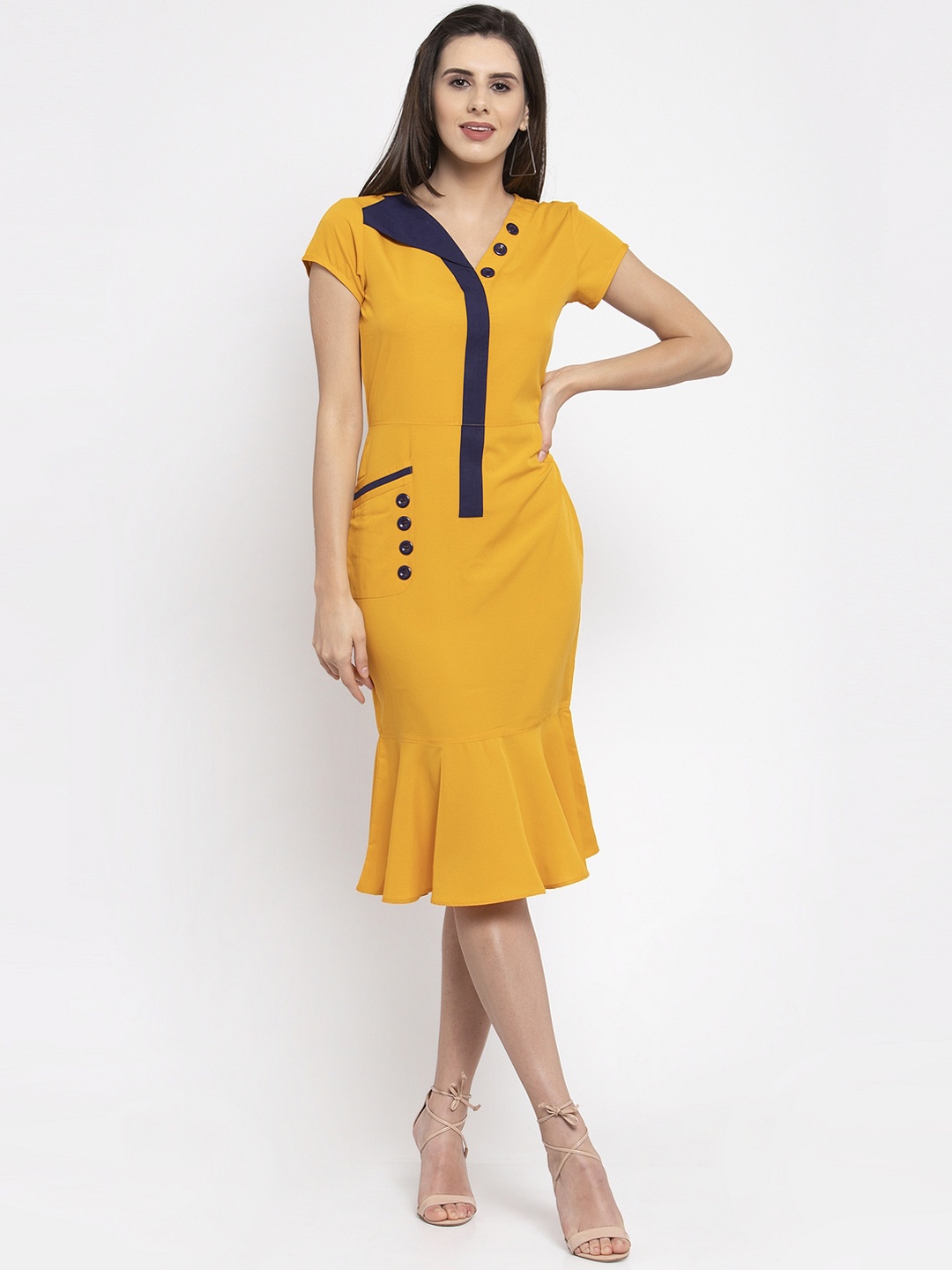 

Karmic Vision Women Mustard Yellow Solid Sheath Dress