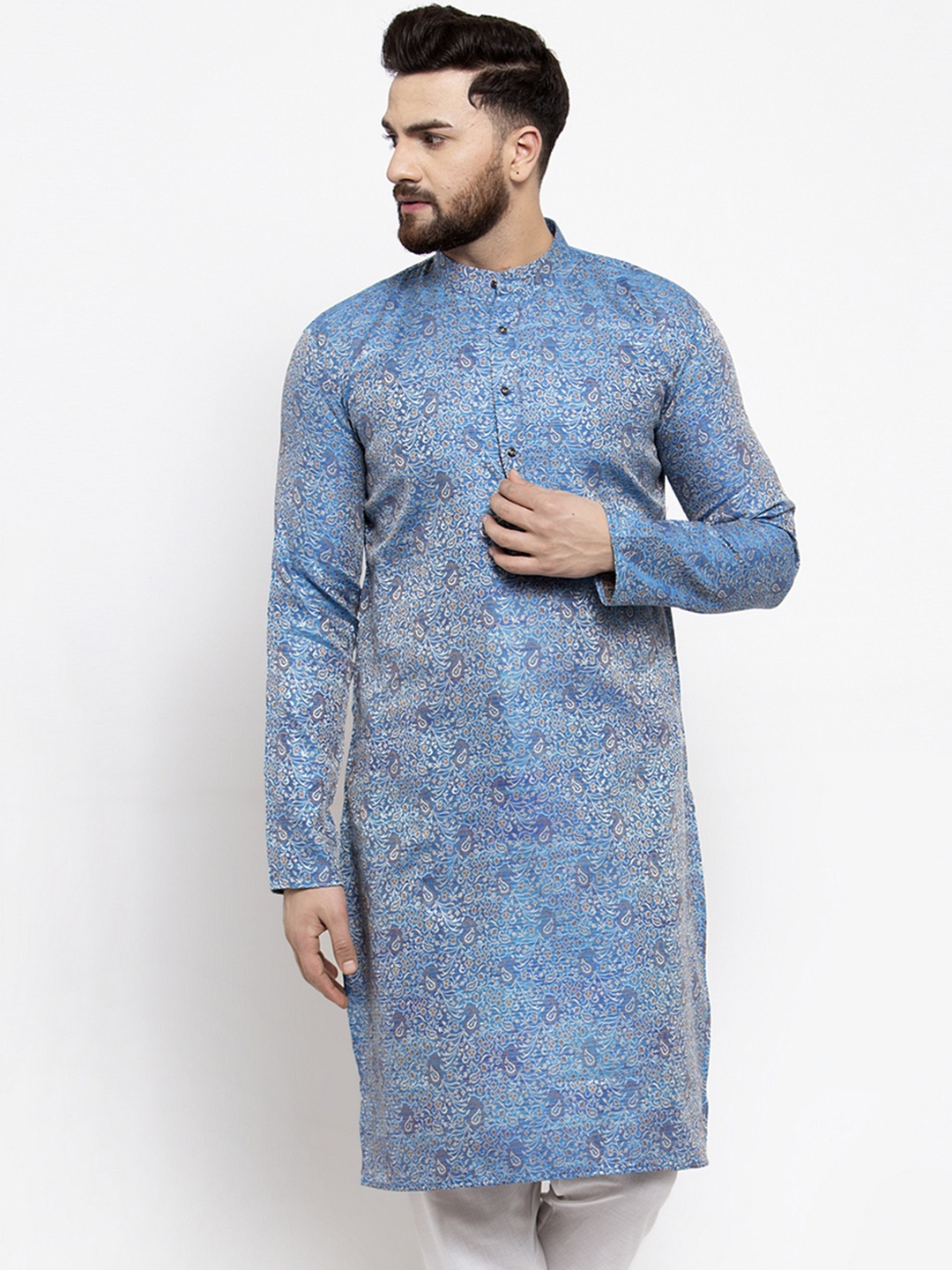 

Jompers Men Blue Woven Design Straight Kurta