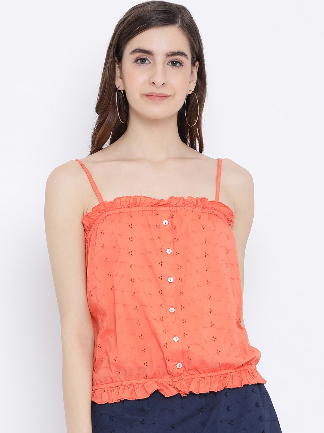 

Oxolloxo Women Orange Self Design Cinched Waist Pure Cotton Top