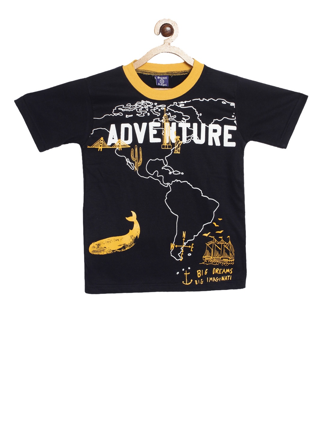 SWEET ANGEL Boys Navy Blue Printed Round Neck Pure Cotton T-shirt