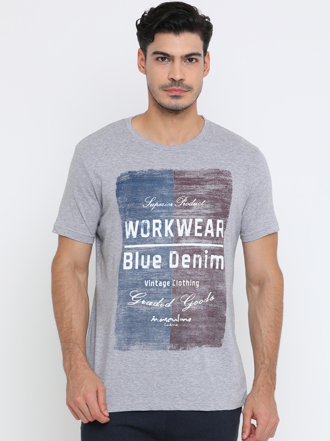 

Masculino Latino Men Grey Melange Printed Round Neck Pure Cotton T-shirt