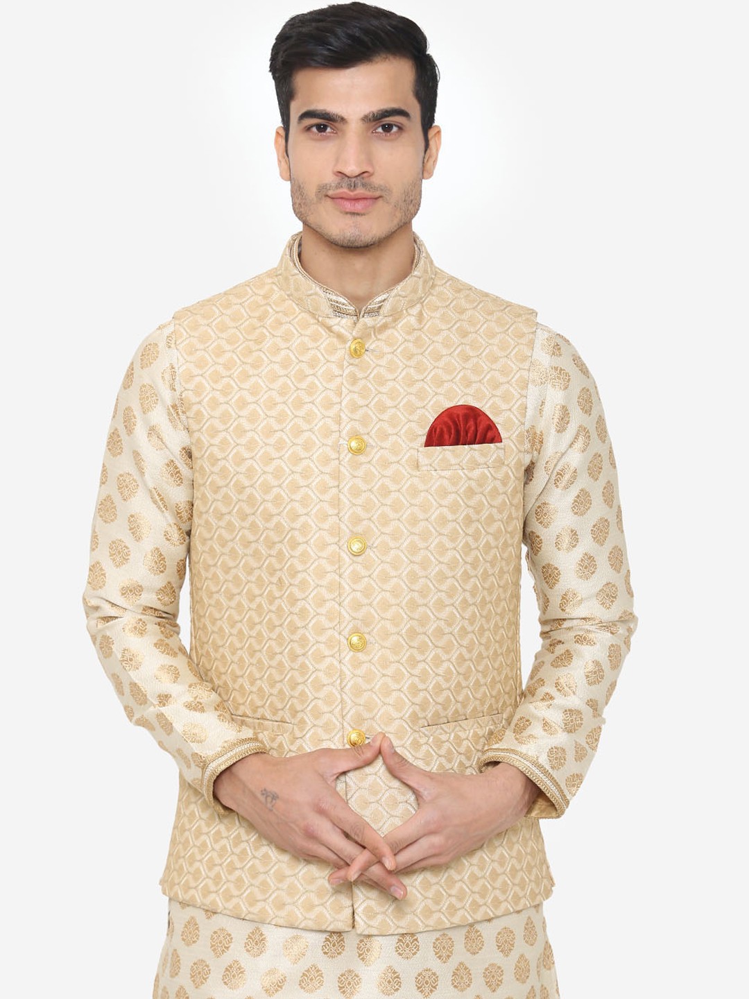 

Wintage Men Beige Woven Design Satin Nehru Jacket