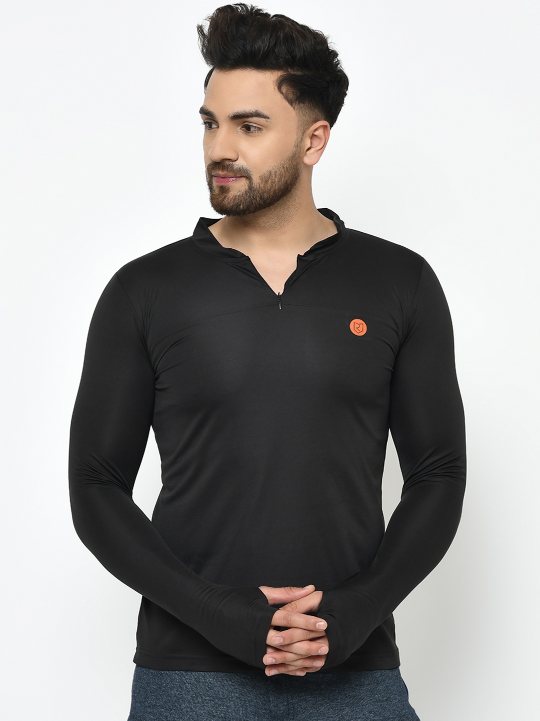 

Rigo Active wear Black Zip Neck Henley Thumbhole Full Sleeve T-shirt
