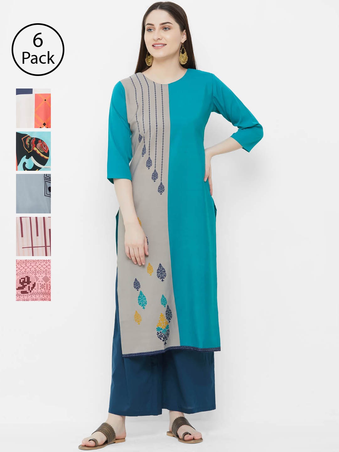 

7Threads Women Pack of 6 Printed Straight Kurtas, Sea green