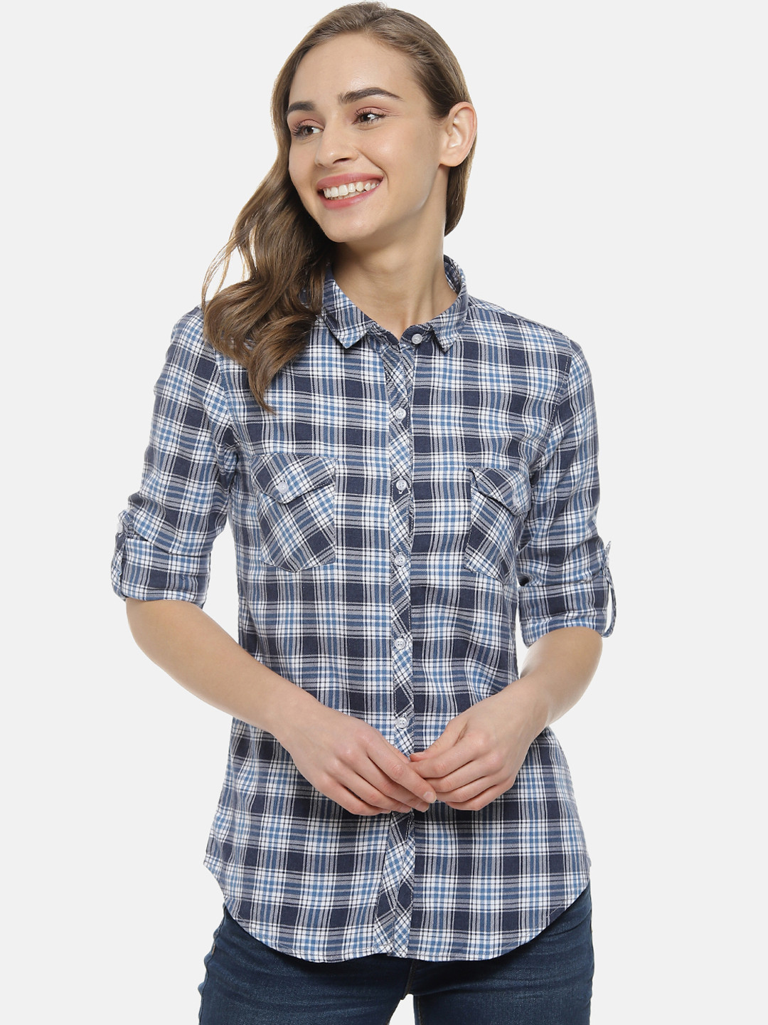 

Campus Sutra Women Blue & White Regular Fit Checked Casual Shirt
