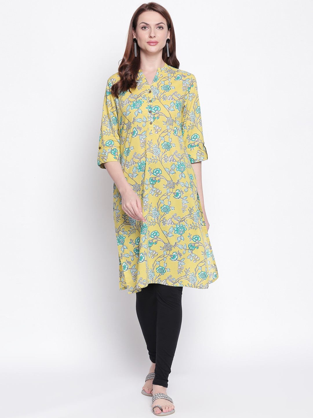 

RANGMANCH BY PANTALOONS Women Yellow & Green Floral Print Straight Kurta