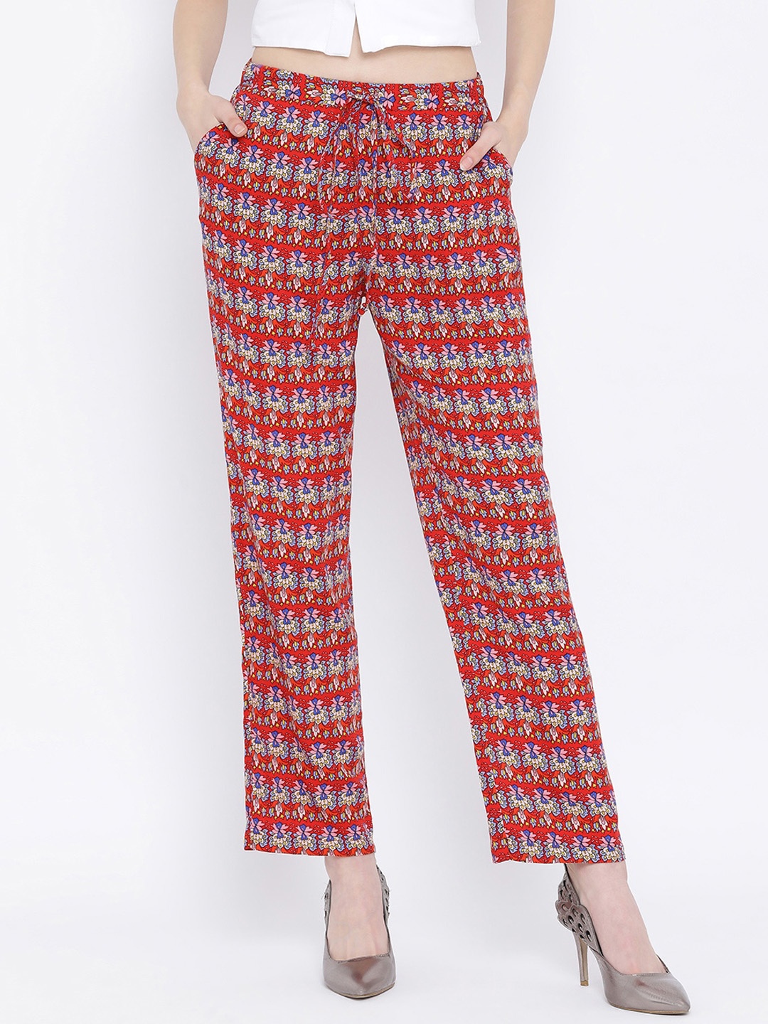 

Oxolloxo Women Red & White Regular Fit Printed Parallel Trousers