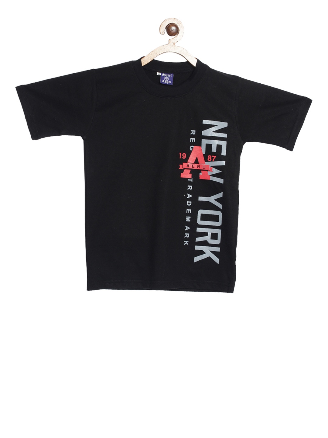 SWEET ANGEL Boys Black Printed Round Neck T-shirt