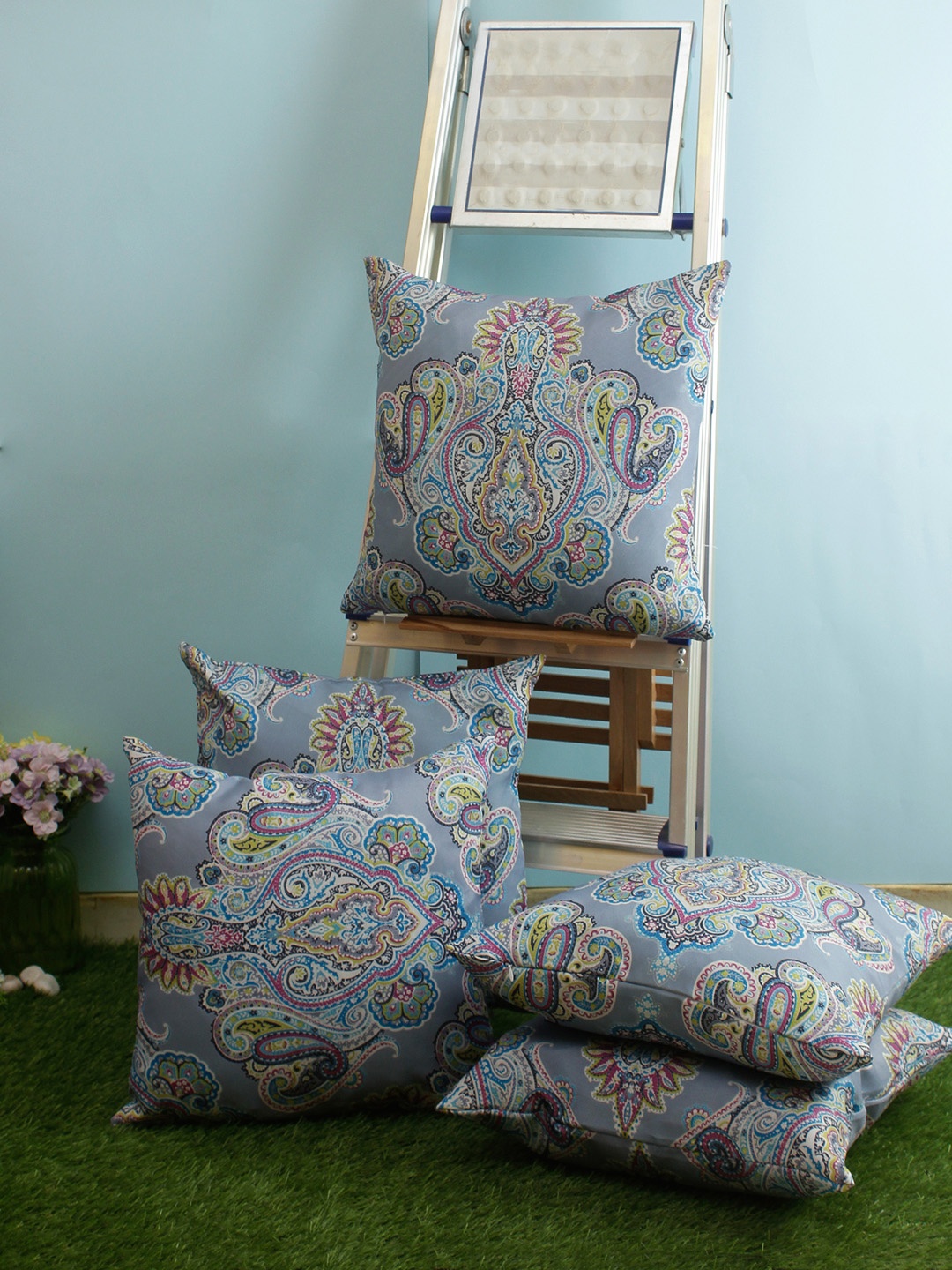 

ROMEE Blue & Grey Set of 5 Ethnic Motifs Square Cushion Covers