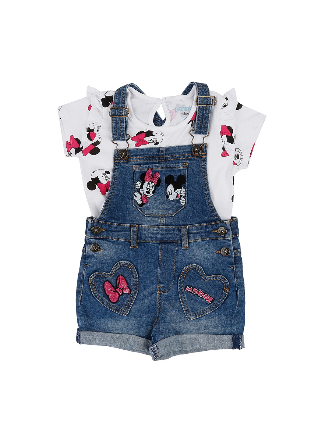 

Pantaloons Junior Girls Blue & White Solid Dungaree With T-Shirt