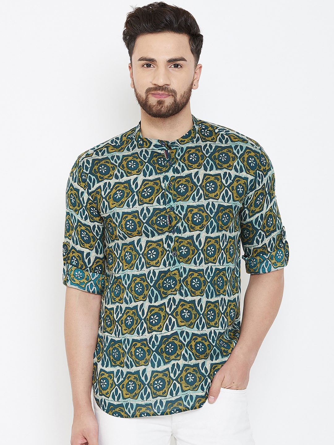 even Men Green & Off-White Printed Straight Kurta
