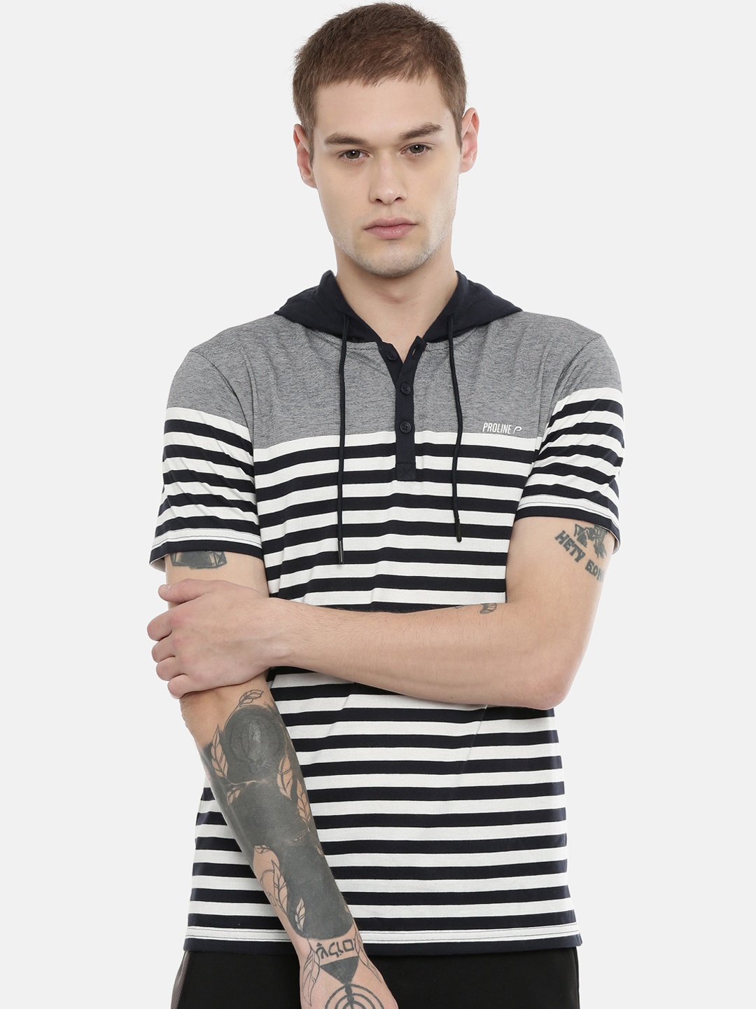 

Proline Active Men Navy Blue Striped Hooded Pure Cotton T-shirt
