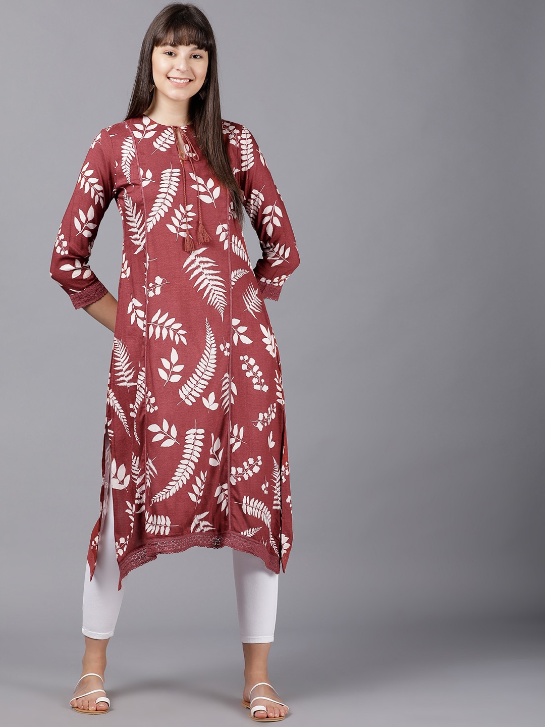 

Vishudh Women Maroon & White Printed A-Line Kurta