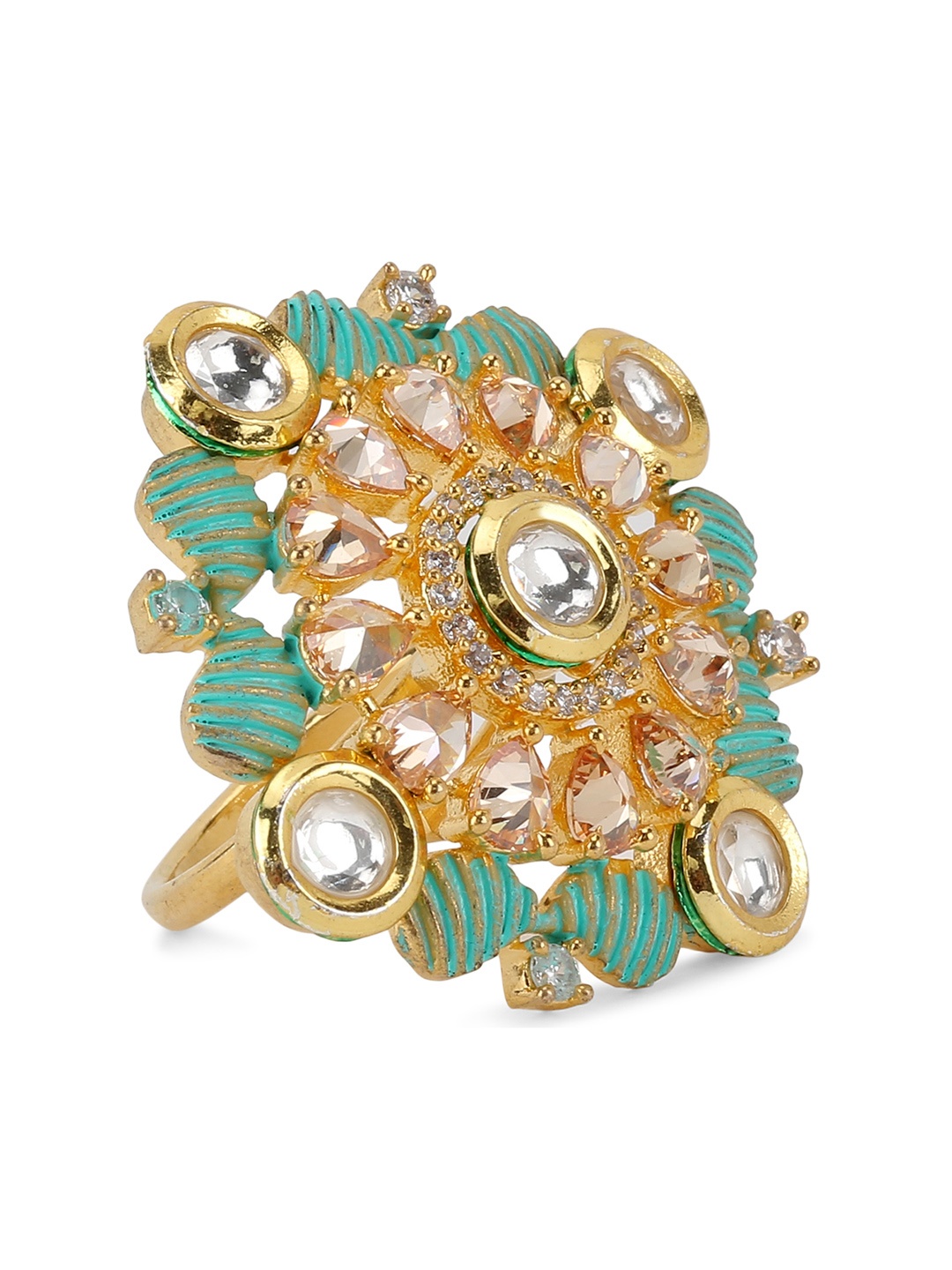 

Bhana Fashion Gold-Plated & Green American Diamond Meenakari Adjustable Ring