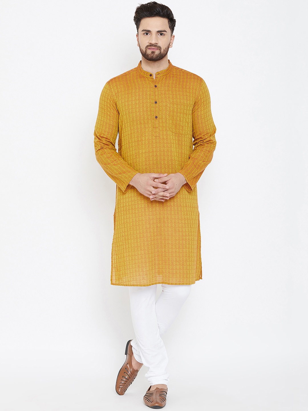 

even Men Yellow Woven Design Straight Kurta