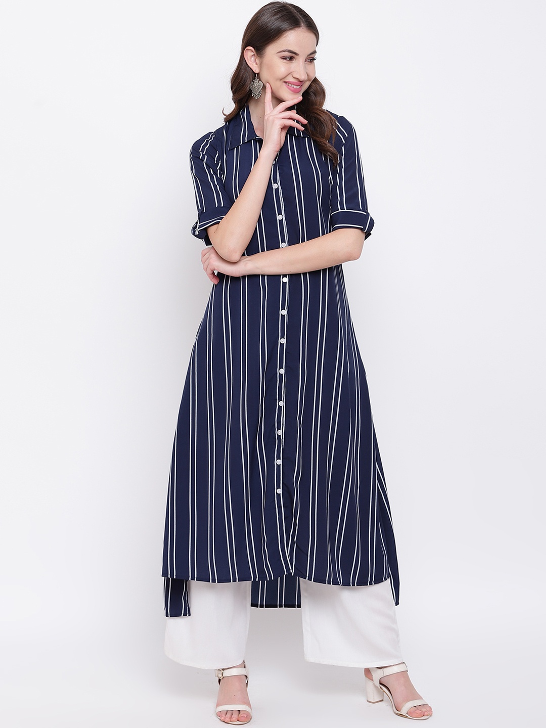 

Napra Women Blue & White Striped Kurta with Palazzos