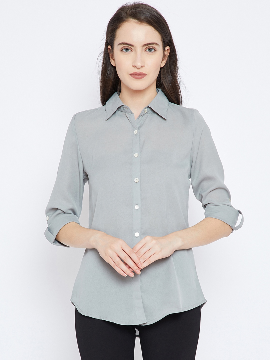 

Ruhaans Women Grey Classic Regular Fit Solid Casual Shirt