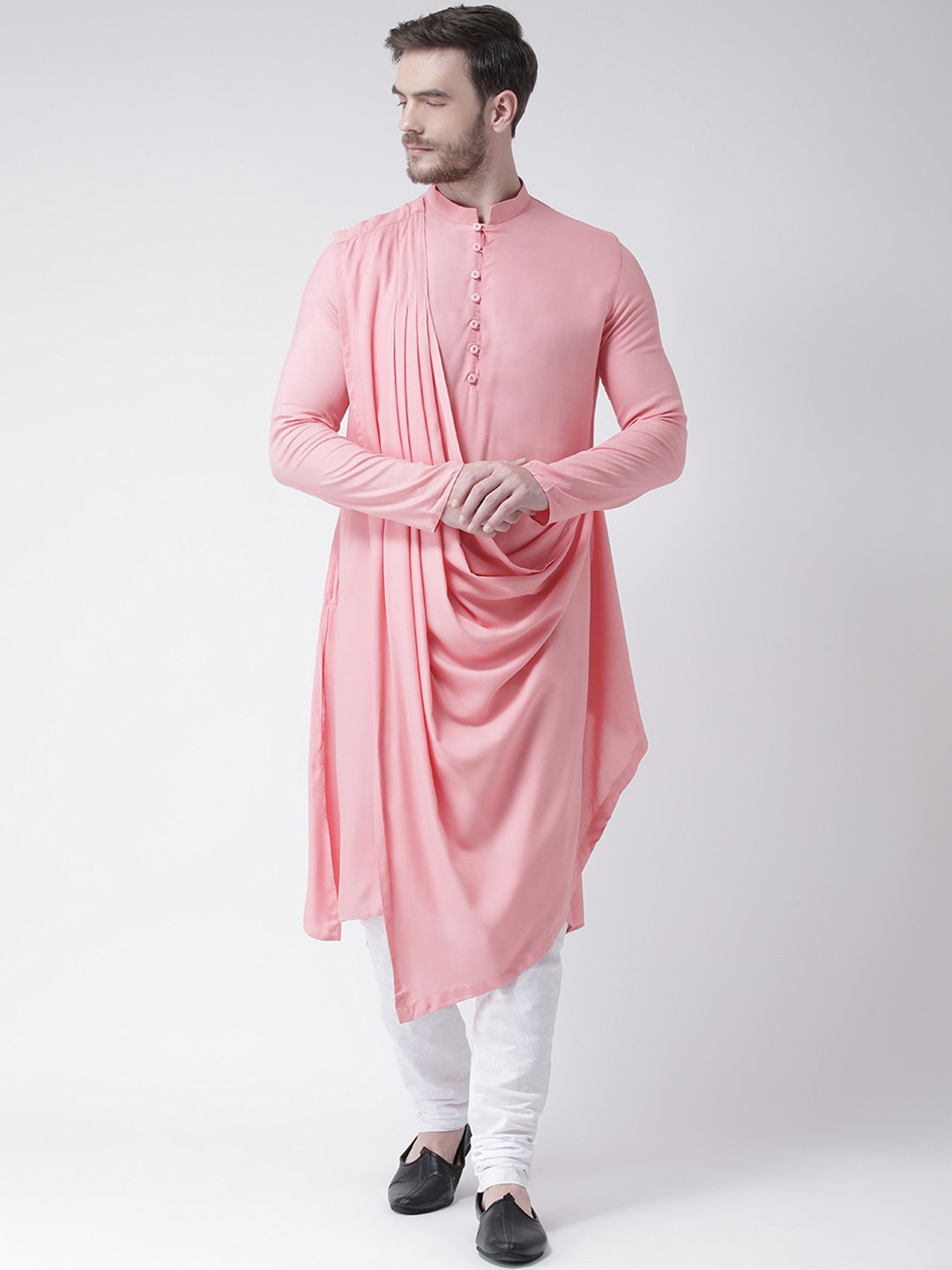 

DEYANN Men Pink Solid Straight Kurta With Attached Drape