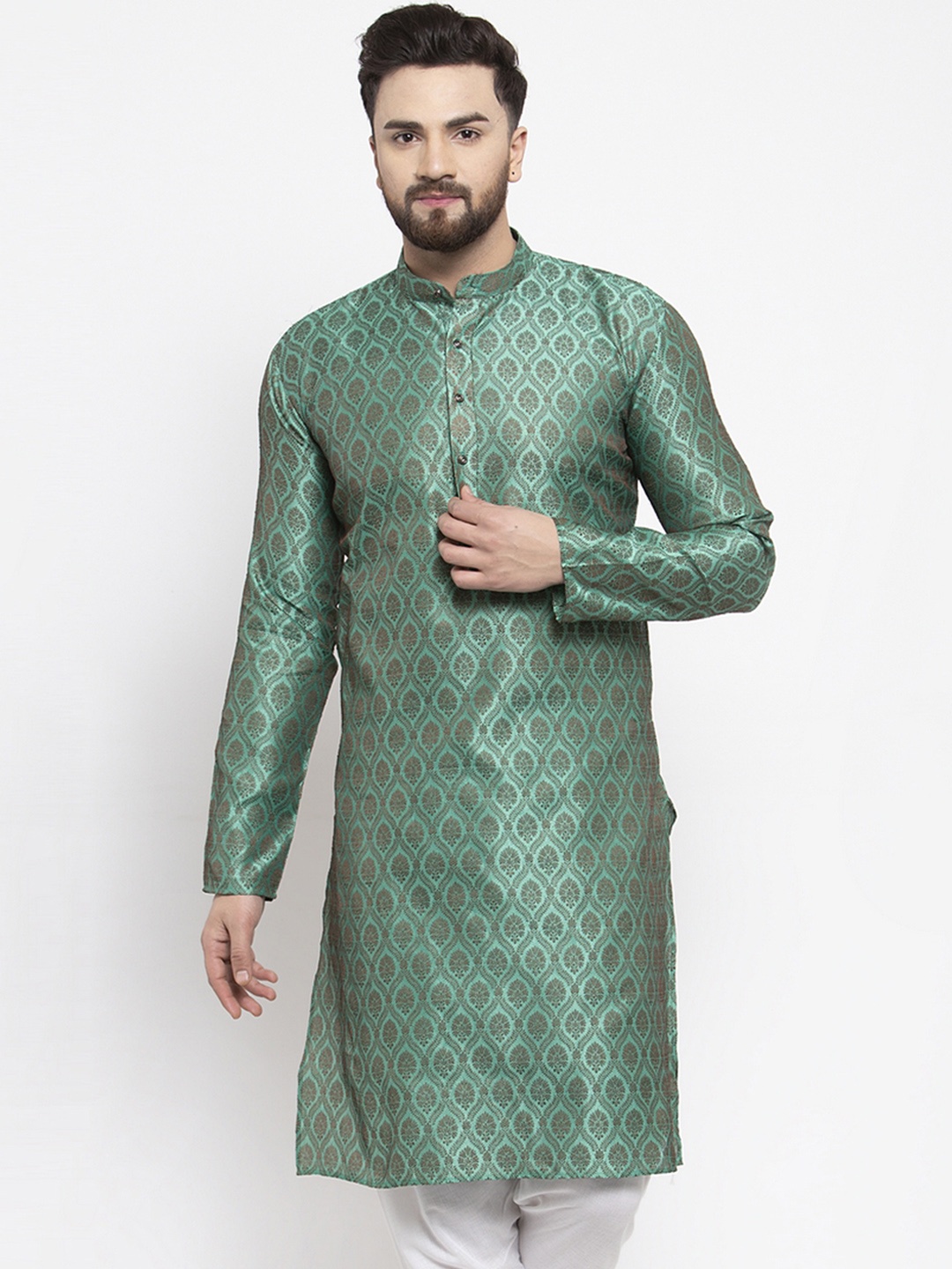 

Jompers Men Green Woven Design Straight Kurta