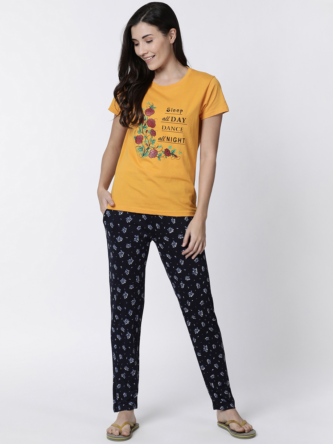 

Kryptic Women Yellow & Navy Blue Printed Night Suit