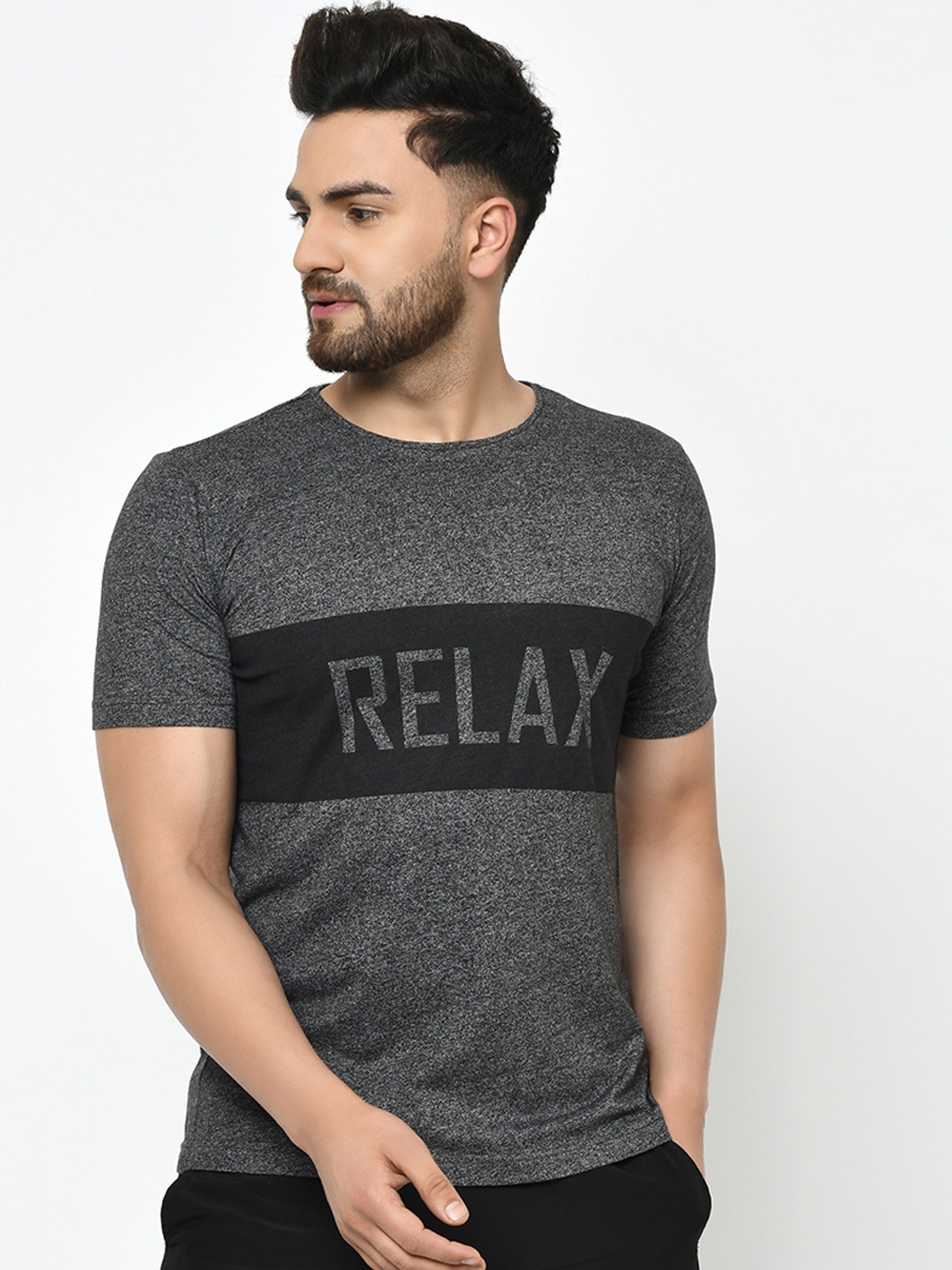 

Rigo Men Charcoal Printed Running Round Neck T-shirt