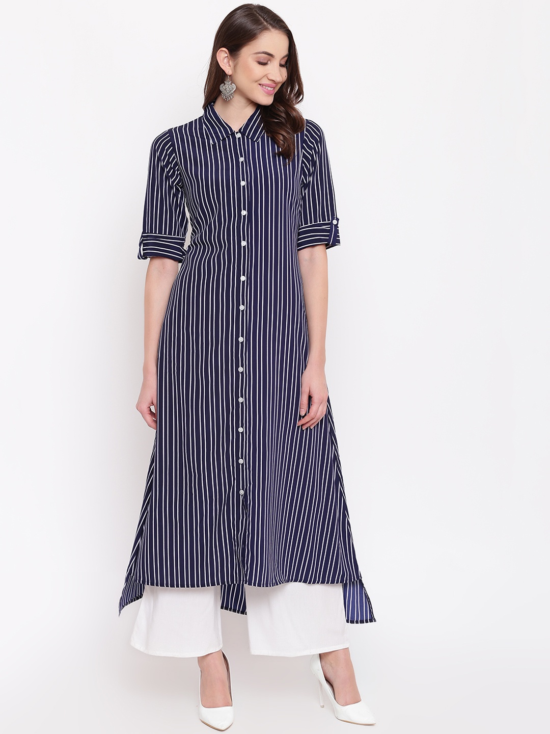 

Napra Women Blue & White Striped Kurta with Palazzos