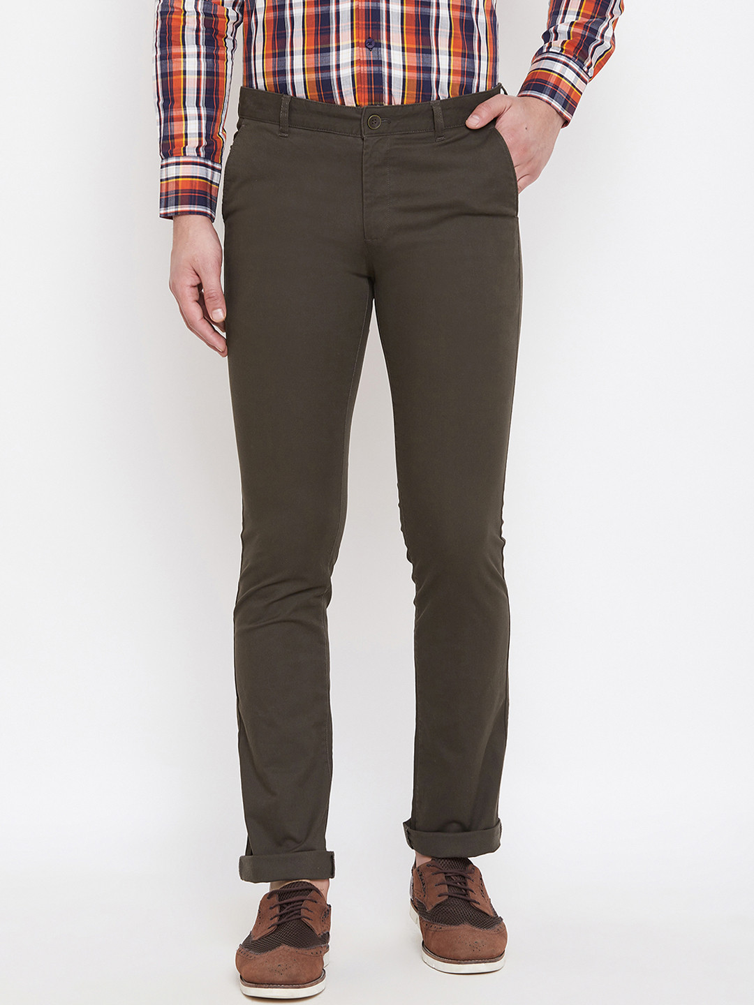 

Duke Men Olive Brown Slim Fit Solid Regular Trousers