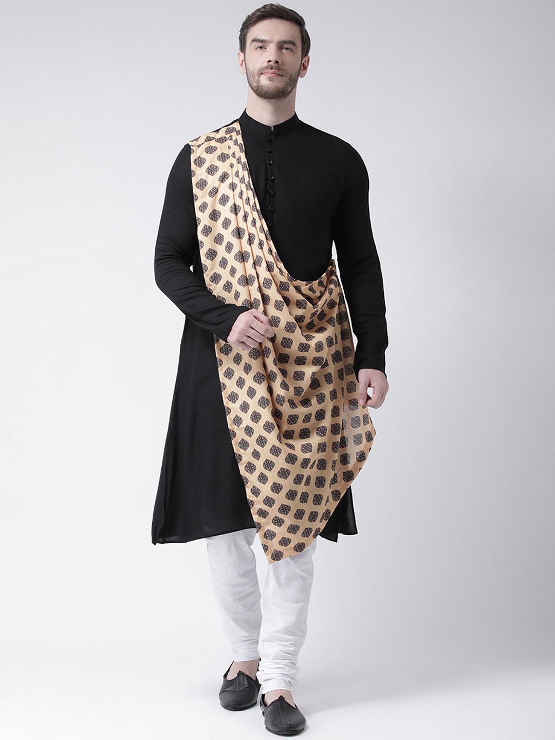 

DEYANN Men Black & Beige Printed Straight Asymmetric Kurta With Attached Drape