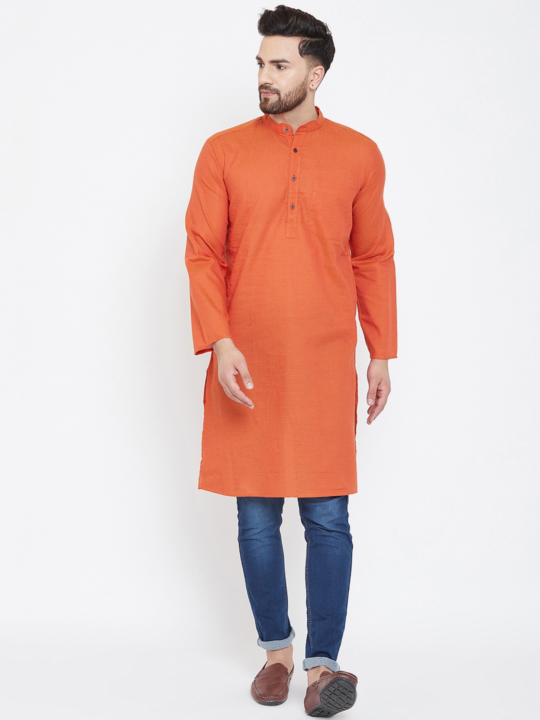 

even Men Orange Striped Straight Kurta