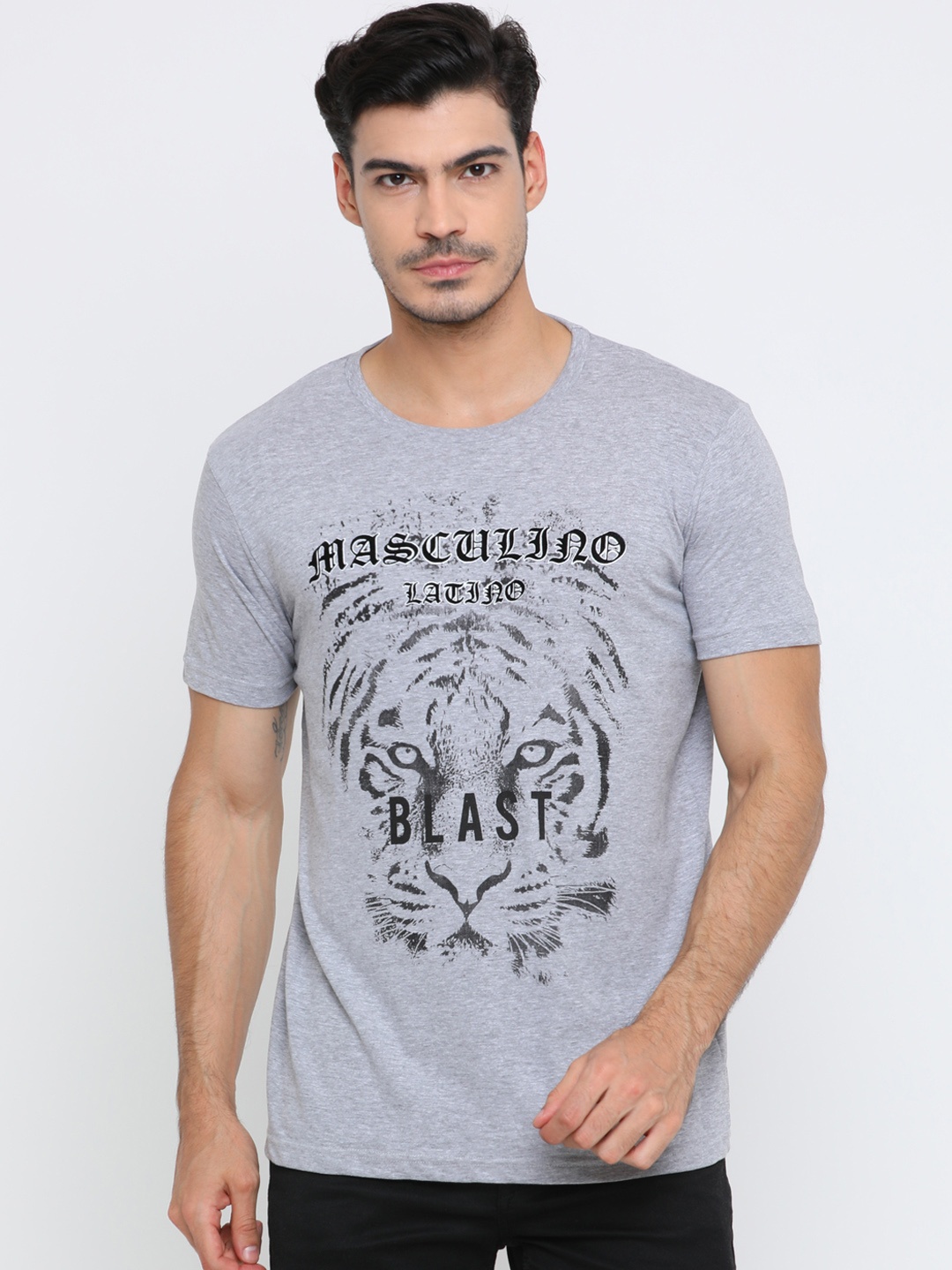 Masculino Latino Men Grey Melange Printed Round Neck Pure Cotton T-shirt