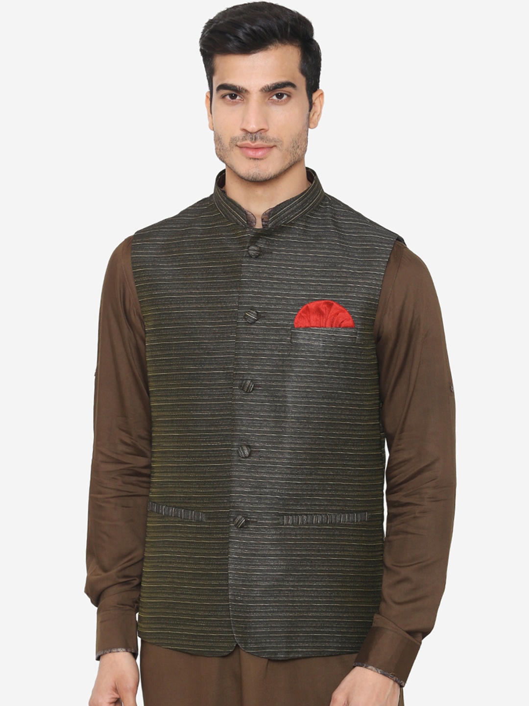 

Wintage Men Green Striped Satin Nehru Jacket